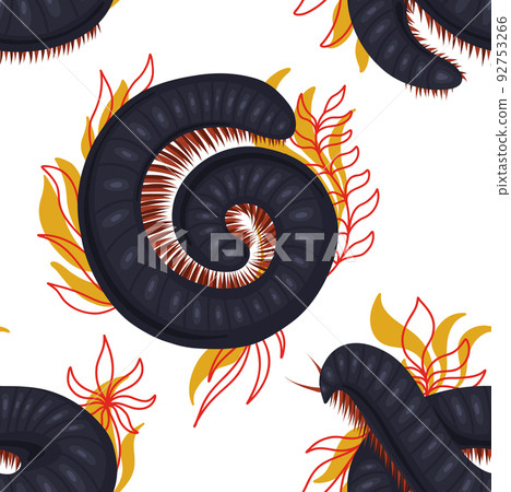 Vector seamless pattern with scary centipedes in roll with foliage and leaves on white background. Texture with julida. Wallpaper with insect 92753266