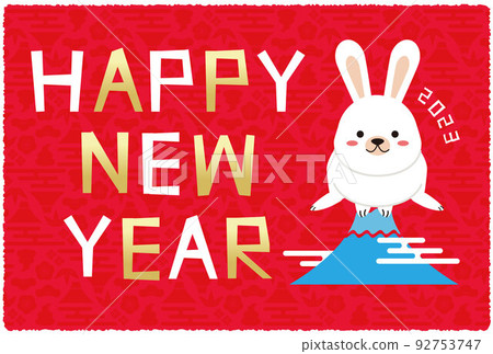 2023年新年賀卡，紅色背景，金色和白色字符，富士山跳躍 92753747