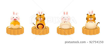 一組可愛的兔子老虎腳色吉祥物,慶祝中秋節,好吃的月餅,酥皮甜點 一組可愛的兔子老虎腳色吉祥物,慶祝中秋節,好吃的月餅,酥皮甜點 92754150