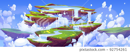Game landscape with waterfall on floating islands Game landscape with waterfall on floating islands 92754261