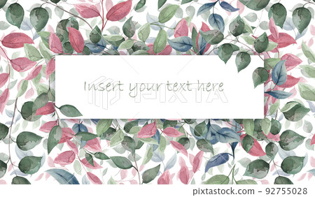 The picturesque frame of green, pink, blue leaves and branches. The picturesque frame of green, pink, blue leaves and branches. 92755028