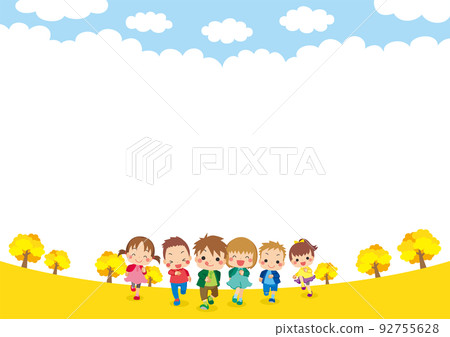 Illustration of cute little children energetically running along the ginkgo tree template copy space background 92755628