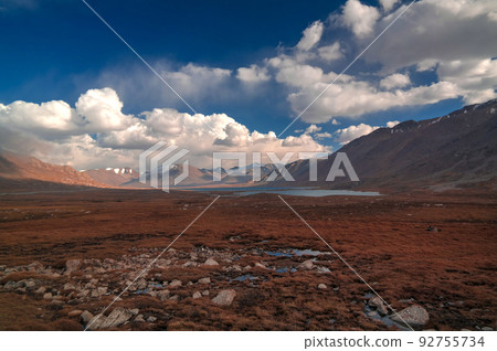 Panoramic view to lakes at Barskoon pass, river and gorge and Sarymoynak pass, Jeti-Oguz, Kyrgyzstan 92755734