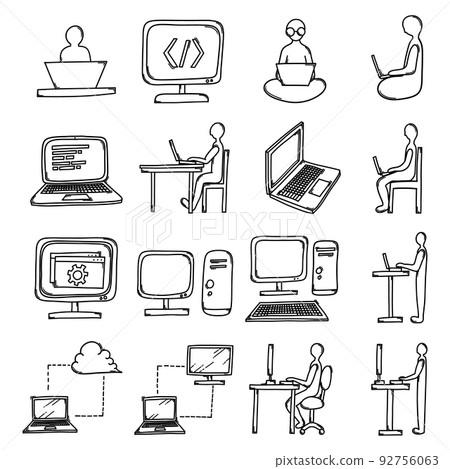 Working on computer Doodle vector icon set. Drawing sketch illustration hand drawn line eps10 92756063