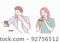 Drinks and leisure concept. Happy young woman and man with cup of tea or coffee at home. Hand drawn in thin line style, vector illustrations. 92756512