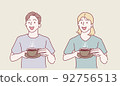 Drinks and leisure concept. Happy young woman and man with cup of tea or coffee at home. Hand drawn in thin line style, vector illustrations. 92756513