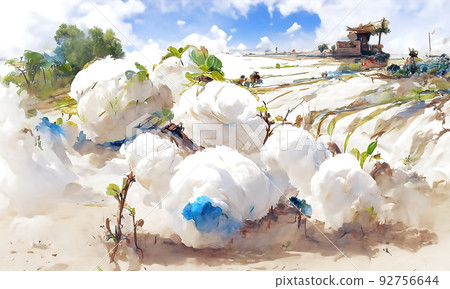 Cotton fields with some houses on background and fluffy fantasy clouds Cotton fields with some houses on background and fluffy fantasy clouds 92756644