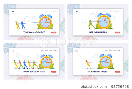 Deadline, Time Management Landing Page Template Set. Tiny Workers Pull Clock Arrows on Huge Watches Using Rope 92756708