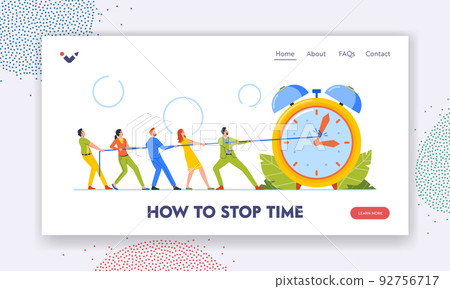 Deadline, Time Management Landing Page Template. Tiny Workers Pull Clock Arrows on Huge Watches Using Rope 92756717