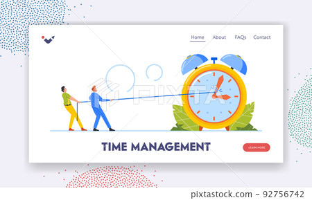 Time Management Landing Page Template. Business Characters Trying to Stop or Slowdown Time Pulling Alarm Clock Arrows 92756742
