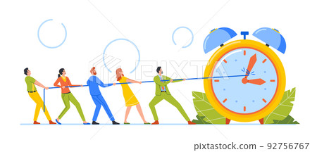 Deadline, Time Management Business Concept. Tiny Hurried Workers Pull Clock Arrows on Huge Watches Using Rope 92756767
