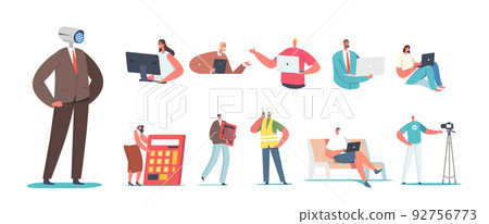 Set of Male and Female Characters with Different Technics and Devices. Men and Women with Computer, Calculator, Camera 92756773
