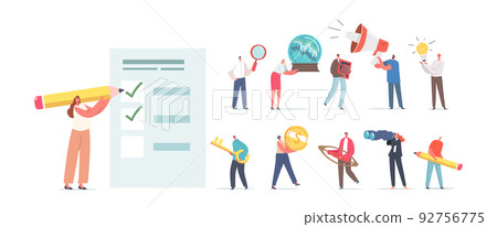 Set of Tiny Male Female Characters with Different Things. Isolated Men or Women with Key, Pencil, Magnifier, Loudspeaker 92756775