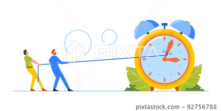 Business Characters Trying to Stop or Slowdown Time Pulling Alarm Clock Arrows with Strap, Men Hard Drudge, Overtime 92756788