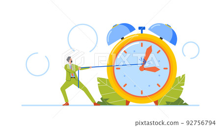 Tiny Business Man Pull Arrows of Huge Alarm Clock, Male Character Rushing To Work Trying To Stop or Back Time, Deadline 92756794