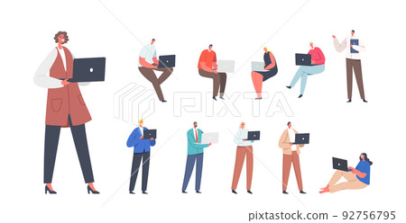Set Men and Women with with Laptop. Freelancers or Office Workers with Computers Isolated on White Background 92756795