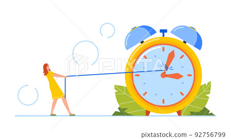 Deadline, Time Management Business Concept with Tiny Office Woman Pull Arrows of Huge Alarm Clock Trying To Stop Time 92756799