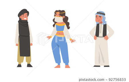 Arab Man and Woman Standing in Traditional Muslim Dress and Long Flowing Garment Vector Set 92756833