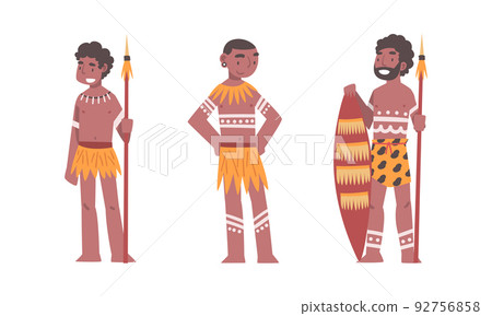 Barefoot African Aboriginal Man Character with Spear Dressed in Traditional Tribal Clothing Vector Set Barefoot African Aboriginal Man Character with Spear Dressed in Traditional Tribal Clothing Vector Set 92756858