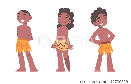 African Little Boy and Girl in Traditional Tribal Clothing Vector Set 92756859