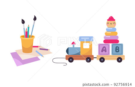 Train with Blocks and Pyramid and Cup with Pencil and Brush as Colorful Kids Toy Vector Set 92756914