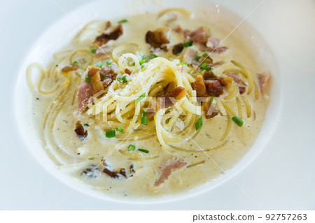 Top view of Carbonara Spaghetti, focus selective Top view of Carbonara Spaghetti, focus selective 92757263