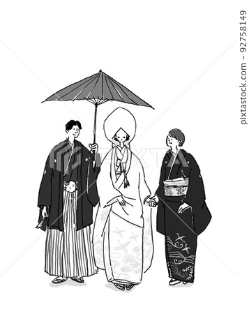 Bride and groom holding a Japanese umbrella and their mother Vertical, monochrome, pure white A 92758149