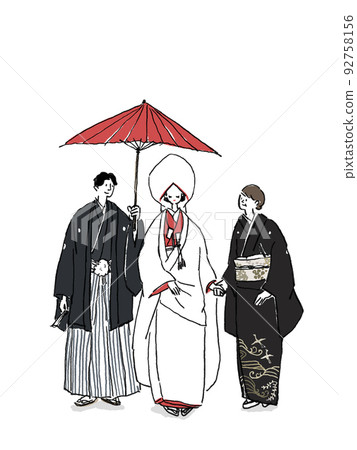 Bride and groom holding a Japanese umbrella and their mother Vertical, color, solid white B 92758156
