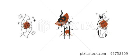 Hand drawn abstract vector graphic clipart illustrations logo set compositions.Wild Western design concept.Bohemian wild west contemporary art.Cowboy modern line art drawing.American cowgirl logo. 92758509