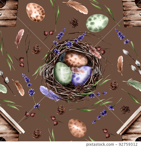 Seamless pattern with bird's nest and eggs for... - Stock Illustration ...
