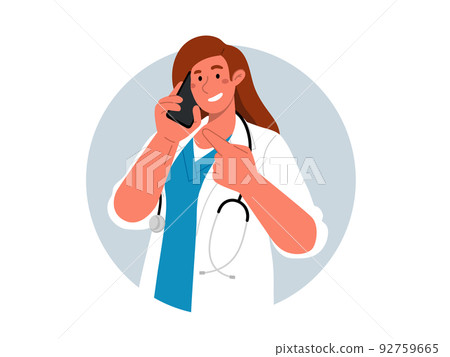 Doctor smiles and talks on cell phone.Phone consultation.Flat vector 92759665