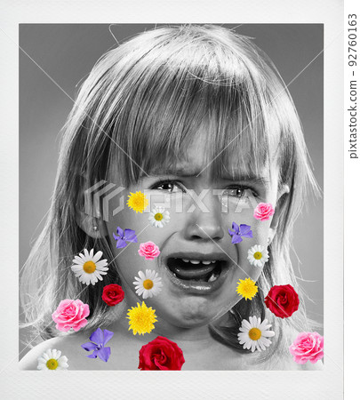 Conceptual collage with crying little kid crying isolated on grey background Stop war, peace, save children 92760163