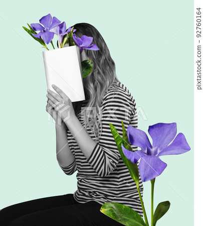 Contemporary art collage. Girl reading books with flowers. Concept of vintage and retro design, creativity, imagination, inspiration, artwork and ad 92760164