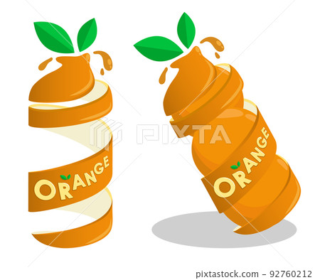 Orange peel bottle twisted into spiral with juice green leaves. Citrus fruit symbol in abstract form. Vector isolated on white background 92760212