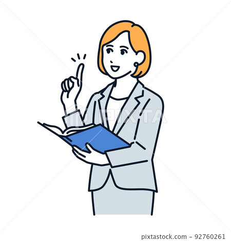 Vector illustration material of a woman in a suit explaining with materials 92760261