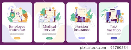 Set posters, pension insurance, employee benefits, vector flat illustration on white background. 92760284