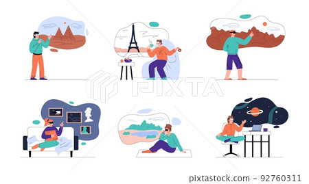 People in VR goggles exploring different countries in virtual reality, flat vector illustration isolated on white. 92760311