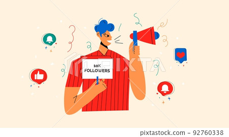 Smiling people celebrate large number of followers on social media. Blogging concept, influencer marketing, network promotion, SMM banner, landing page, flyer 92760338