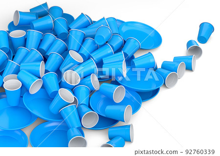 Heap of disposable utensils like plate, folk, spoon,knife and cup on white. 92760339