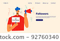 Smiling people celebrate large number of followers on social media. Blogging concept, influencer marketing, network promotion, SMM banner, landing page 92760340