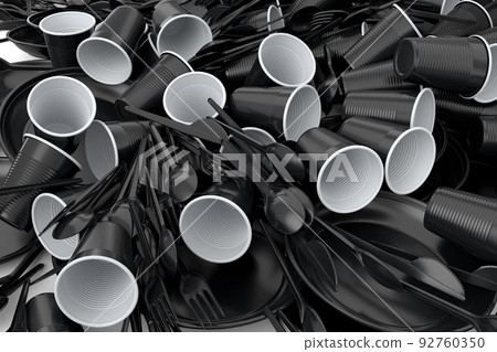 Heap of disposable utensils like plate, folk, spoon,knife and cup on white. 92760350