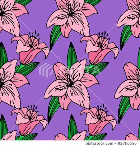 seamless repeating pattern of large pink lily flowers on a purple background, texture, design seamless repeating pattern of large pink lily flowers on a purple background, texture, design 92760556