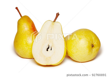 Three ripe yellow pears isolated on white background Three ripe yellow pears isolated on white background 92760891