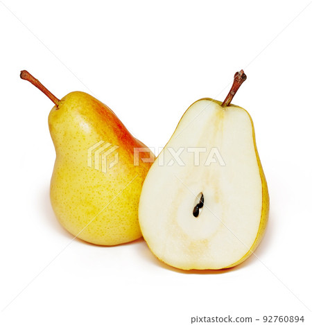 Two ripe yellow pears isolated on white background Two ripe yellow pears isolated on white background 92760894