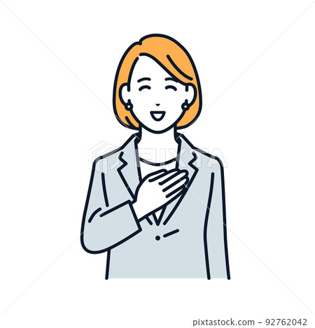一個穿著西裝的女人把手放在胸前的矢量圖解素材 92762042