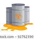 Grey metal barrels with nuclear pollution. Biohazard, Radioactive, Toxic waste. 92762390