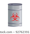 Grey metal barrels with nuclear pollution. Biohazard, Radioactive, Toxic waste. 92762391