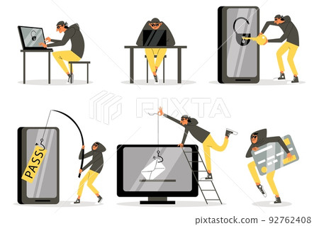 Hacker, cybercriminal, thief, set of vector flat illustrations on white background. 92762408