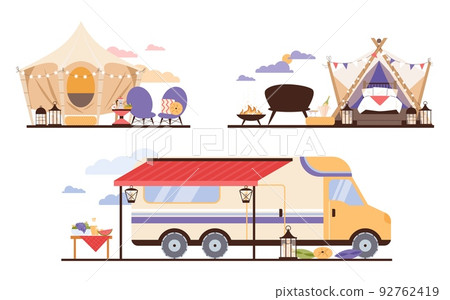 Glamping tents and caravan with amenities, luxury camping - flat vector illustration isolated on white background. Glamping tents and caravan with amenities, luxury camping - flat vector illustration isolated on white background. 92762419