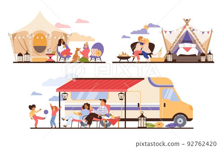 Tourist resting in glamping scenes collection, flat vector illustration isolated. 92762420